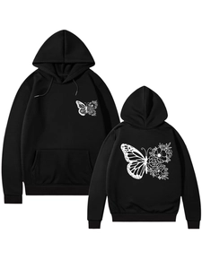 Vue avant et arrière du sweat à capuche noir avec motifs de papillon et fleurs blancs