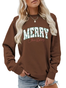 Detail view of Merry Christmas print on soft brown crewneck sweatshirt for women