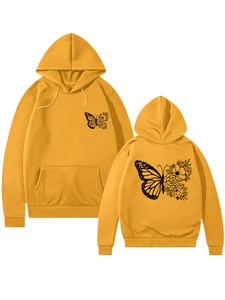 Sweat à capuche jaune gingembre avec imprimé papillon et fleurs, vues avant et arrière