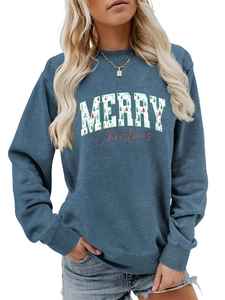 Detail view of navy blue Christmas sweatshirt with Merry Christmas tree graphic print