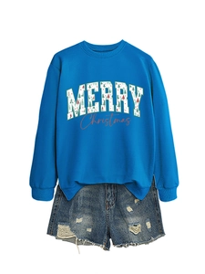 Blue Christmas sweatshirt with Merry Christmas print and distressed denim shorts set