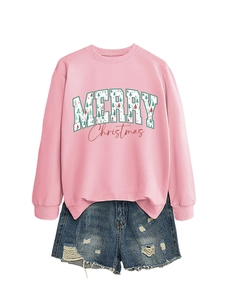 Pink Merry Christmas sweatshirt with festive tree graphic and blue ripped denim shorts