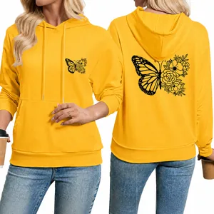 Sweat À Capuche Femme Imprimé Papillon Fleur Mélange De Coton Décontracté Hoodie Large Avec Poche Kangourou Mode