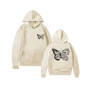 Sweat à capuche beige avec motif artistique papillon et fleur devant et derrière