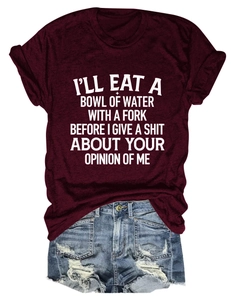 Burgundy crewneck slogan T-shirt with rolled sleeves and distressed denim shorts detail