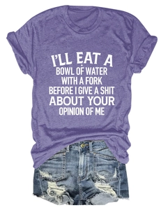 Flat lay of purple cotton slogan T-shirt with distressed denim shorts on white background