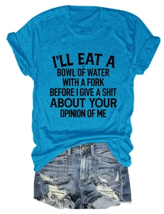 Flat lay of blue cotton t-shirt with slogan print and distressed denim shorts