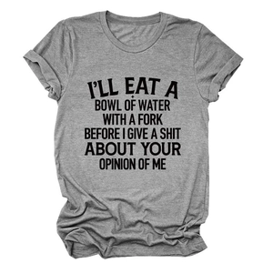 Detail of grey crewneck T-shirt showing high-quality fabric and bold slogan printing