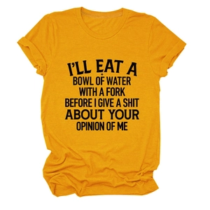 Close-up of mustard yellow T-shirt showing round neck and rolled cuff detail