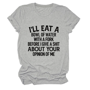 Detail of grey heather t-shirt featuring bold black slogan print on white background