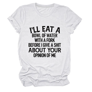 Detail of white cotton crewneck t-shirt featuring bold black slogan print