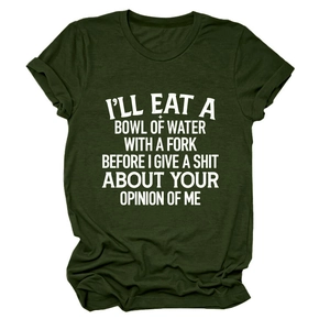 Detail of army green crewneck t-shirt with roll-up sleeves and white slogan print