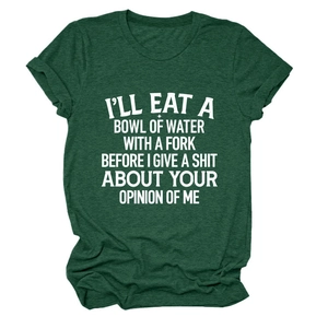 Detail of forest green crew neck t-shirt featuring bold white slogan graphic print