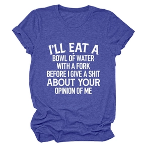 Detail view of the humorous quote print on a heather blue round neck cotton T-shirt