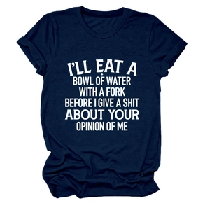 Detail of navy cotton T-shirt featuring white slogan print and ribbed crew neckline
