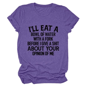 Detailed flat lay of purple crew neck T-shirt featuring bold white sarcastic slogan print