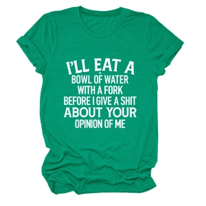 Detail of green cotton T-shirt featuring a white artistic slogan print on the chest