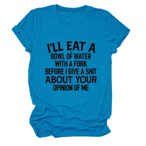 Bright blue crew neck t-shirt with I'LL EAT A BOWL OF slogan print on white background