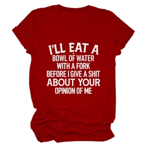 Close-up of funny slogan print on wine red short sleeve crew neck cotton t-shirt