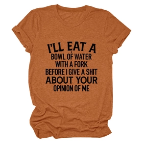 Detail of rust red heather fabric and bold black slogan on crew neck short sleeve tee