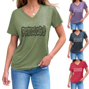 Detail view of radiology letter print V-neck t-shirts in multiple color options