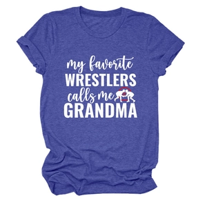 T-shirt bleu chiné à plat avec inscription my favorite wrestlers calls me grandma