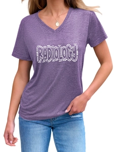 Detail view of purple V-neck T-shirt with white RADIOLOGY print and soft textured fabric