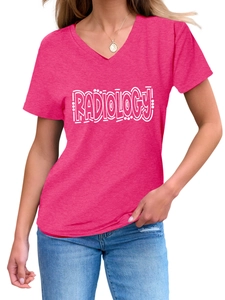 Detail of the white Radiology lettering on a rose red V-neck short sleeve T-shirt