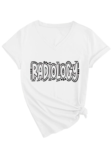 Close-up of white V-neck radiology graphic T-shirt with stylish front knot detail