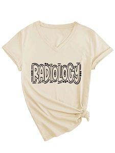 Detail of beige V-neck radiology T-shirt showing fabric texture and stylish knotted hem
