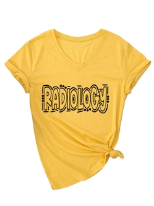 Detail of yellow V-neck T-shirt with radiology print and trendy knotted hem style