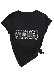 Detail of radiology letter print and casual knot hem on black V-neck short sleeve T-shirt