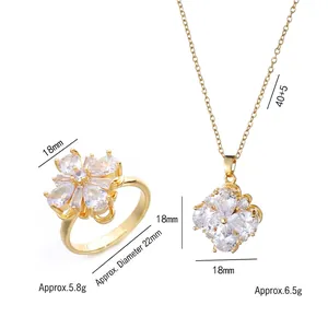 Rotating zircon flower jewelry set with titanium steel necklace and adjustable ring