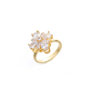 Elegant gold-tone spinning flower ring with sparkling pear-cut cubic zirconia crystals