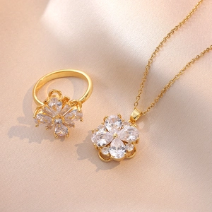 Rotatable Flower Butterfly Pendant Necklace And Ring Titanium Steel Cubic Zirconia Trendy Luxury Jewelry For Women