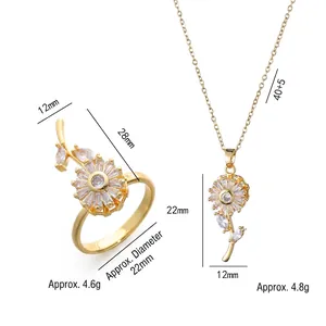 Rotating sunflower jewelry set with gold necklace and ring showing product dimensions