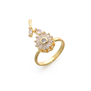 Macro shot of rotatable sunflower ring featuring golden petals and sparkling zircons