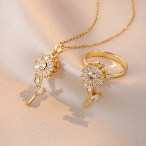 Rotating Sunflower Necklace And Ring Gold Plated Zirconia Inlaid Floral Dainty Jewelry For Women