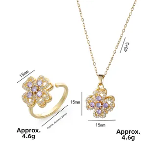 Four-leaf clover jewelry set with purple zircon pendant necklace and open ring