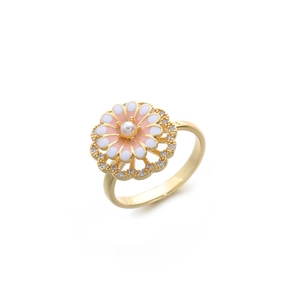 Golden daisy flower ring with pink enamel petals, white zircons and center pearl