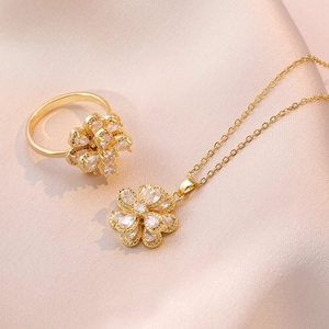 Rotating Flower Zircon Titanium Steel Jewelry Necklace Ring For Women Gold Silver Rhinestone Elegant Fashion Accessories