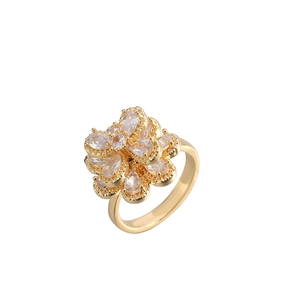 Vue détaillée d'une bague fleur rotative double couche en zircon doré de luxe