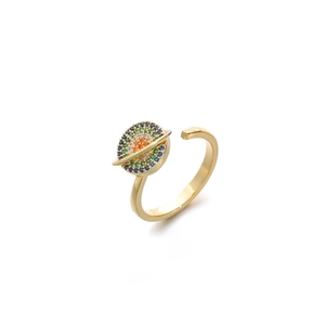 Rotating planet ring with colorful zircons in gold plated adjustable open band design