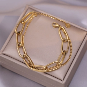 Bracelet Double Couche Acier Inoxydable Plaqué Or Maillon Trombone Hip Hop Rétro Réglable Mode Pour Femmes