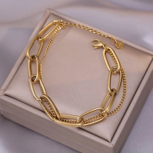 Bracelet double couche vintage en acier titane plaqué or 18K pour femme style chunky
