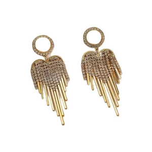 Golden heart earrings with zircon studs and long tassel fringe on white background