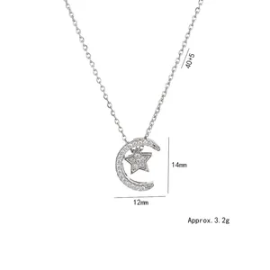Halskette mit Stern- und Mondanhänger aus Zirkon, 40+5cm Länge, Silber-Finish