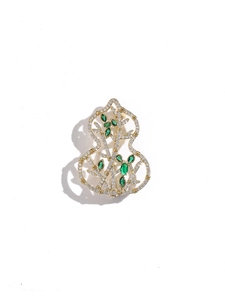 Exquisite hollow gourd brooch with gold plating, white zircon and green emerald accents