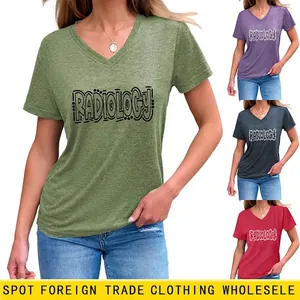 Women V Neck Radiology Letter Print Short Sleeve T-Shirt Casual Loose Cotton Blend Knot Hem Top
