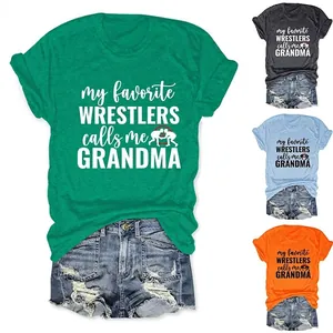 T-Shirt Décontracté en Mélange de Coton pour Femmes Imprimé My Favorite Wrestlers Calls Me Grandma Col Rond Manches Courtes Haut Ample